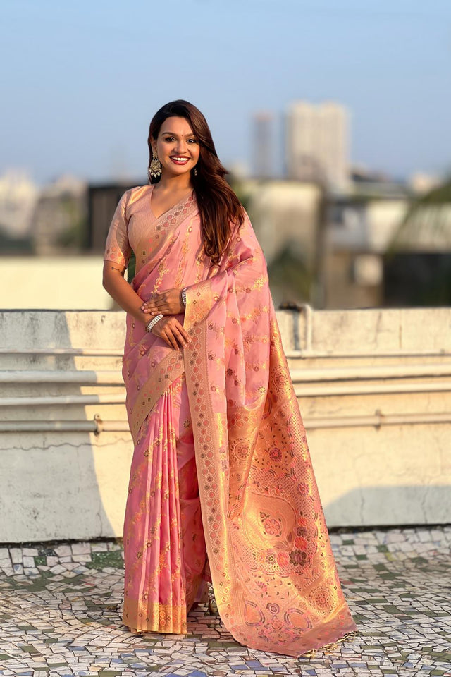 Pink Floral Woven Silk Saree (ACA6756)
