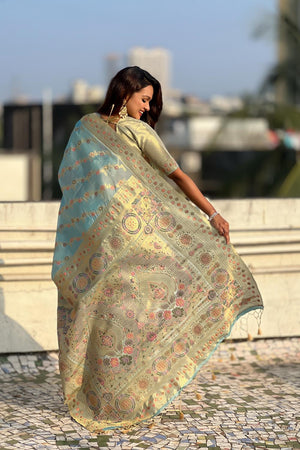 Blue Floral Woven Silk Saree (ACA6758)