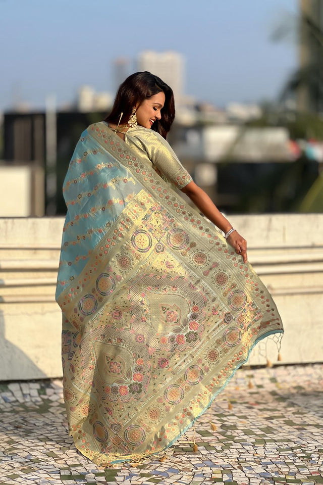 Blue Floral Woven Silk Saree (ACA6758)