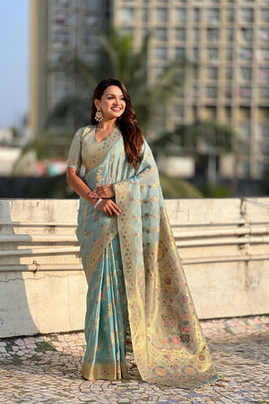 Blue Floral Woven Silk Saree (ACA6758)