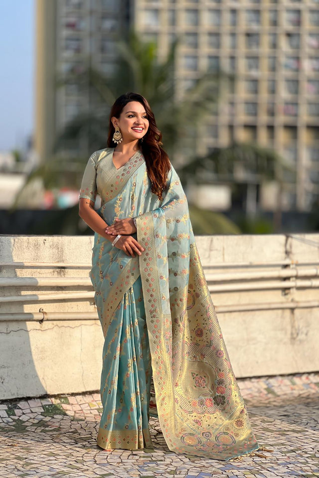 Blue Floral Woven Silk Saree (ACA6758)