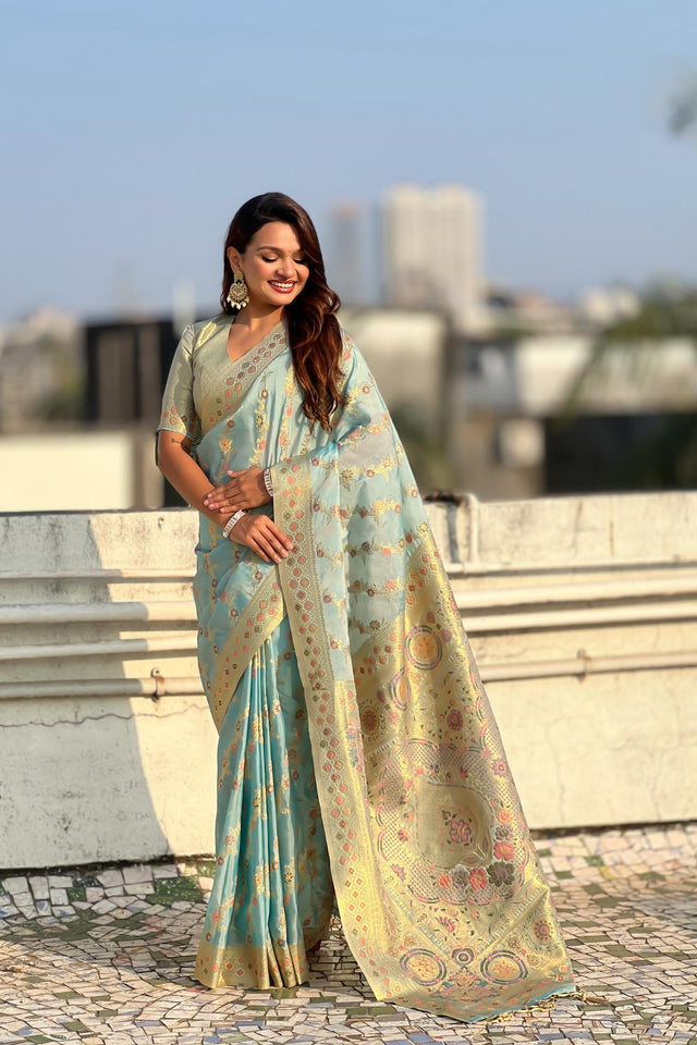 Blue Floral Woven Silk Saree (ACA6758)