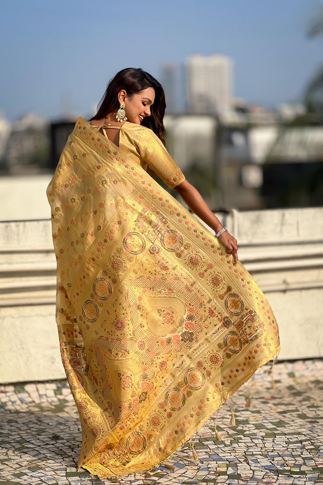 Yellow Floral Woven Silk Saree (ACA6759)