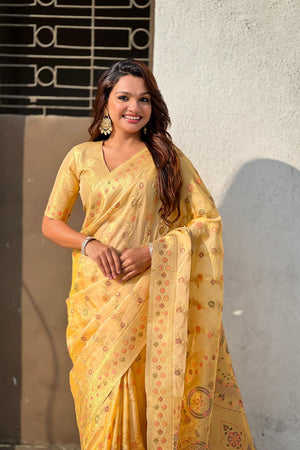 Yellow Floral Woven Silk Saree (ACA6759)