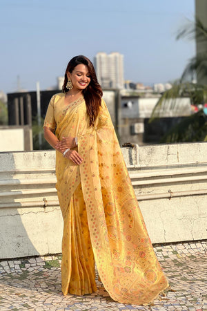 Yellow Floral Woven Silk Saree (ACA6759)