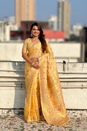 Yellow Floral Woven Silk Saree (ACA6759)