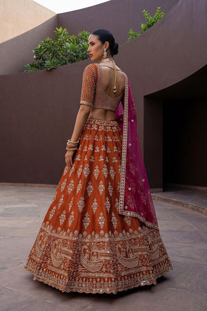 Orange Sequin with Floral Embroidered Silk Lehenga (ACA6760)