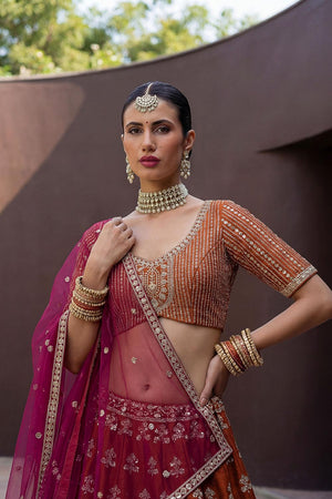 Orange Sequin with Floral Embroidered Silk Lehenga (ACA6760)