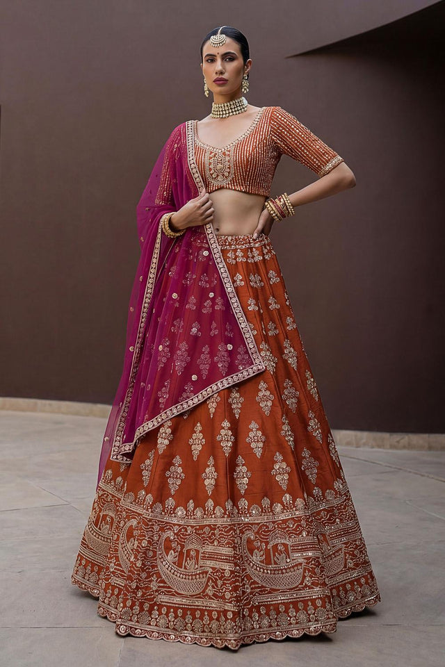 Orange Sequin with Floral Embroidered Silk Lehenga (ACA6760)
