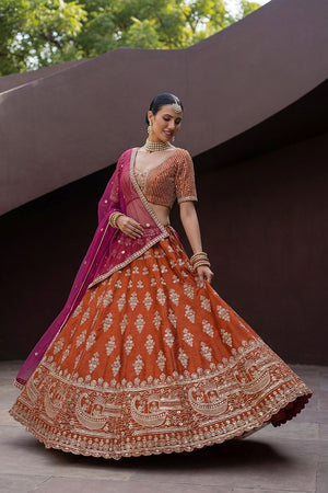 Orange Sequin with Floral Embroidered Silk Lehenga (ACA6760)