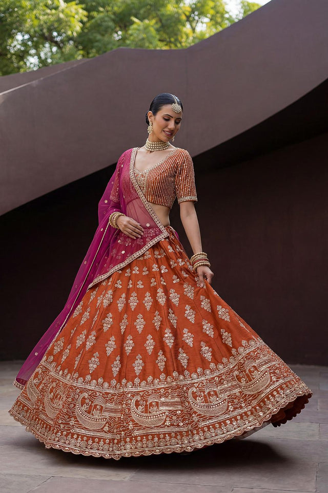 Orange Sequin with Floral Embroidered Silk Lehenga (ACA6760)