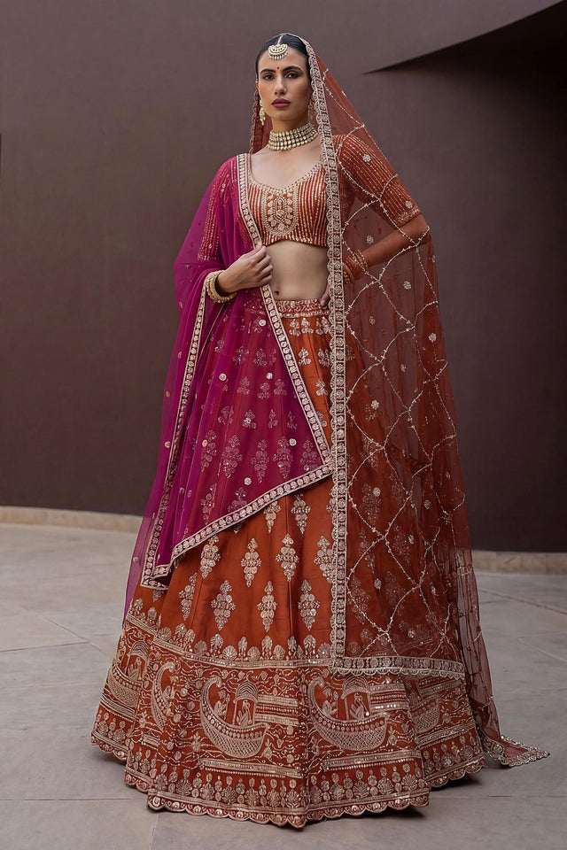 Orange Sequin with Floral Embroidered Silk Lehenga (ACA6760)