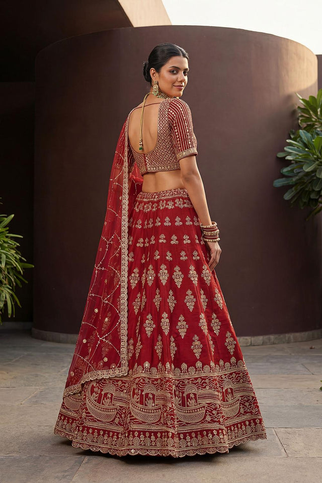 Red Sequin with Floral Embroidered Silk Lehenga (ACA6761)