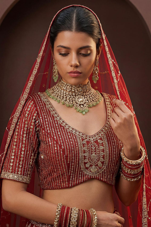 Red Sequin with Floral Embroidered Silk Lehenga (ACA6761)