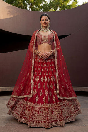 Red Sequin with Floral Embroidered Silk Lehenga (ACA6761)