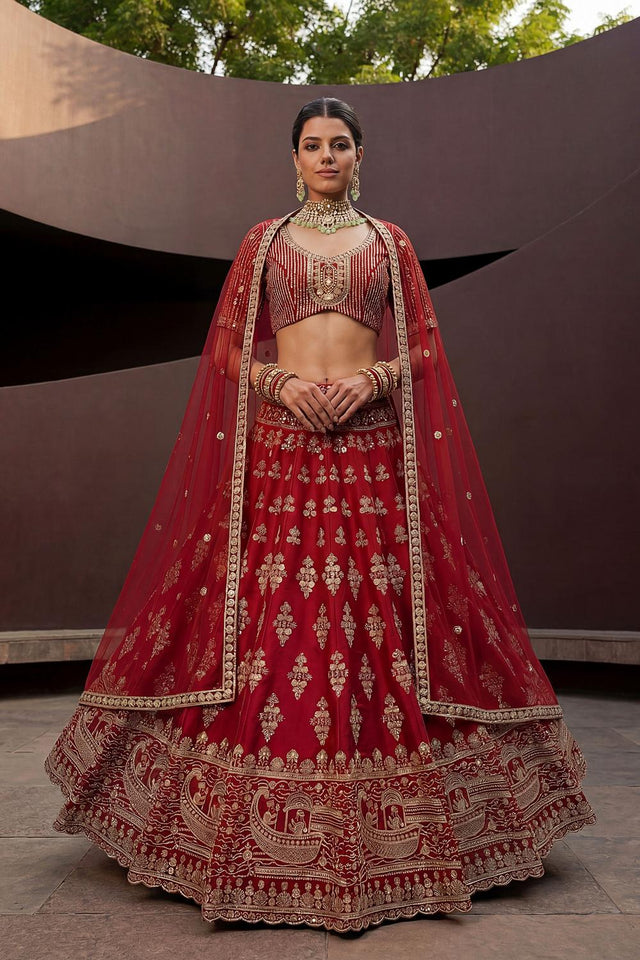 Red Sequin with Floral Embroidered Silk Lehenga (ACA6761)