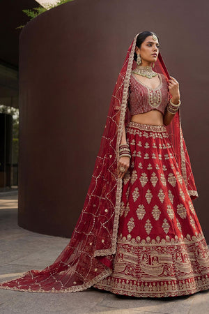 Red Sequin with Floral Embroidered Silk Lehenga (ACA6761)