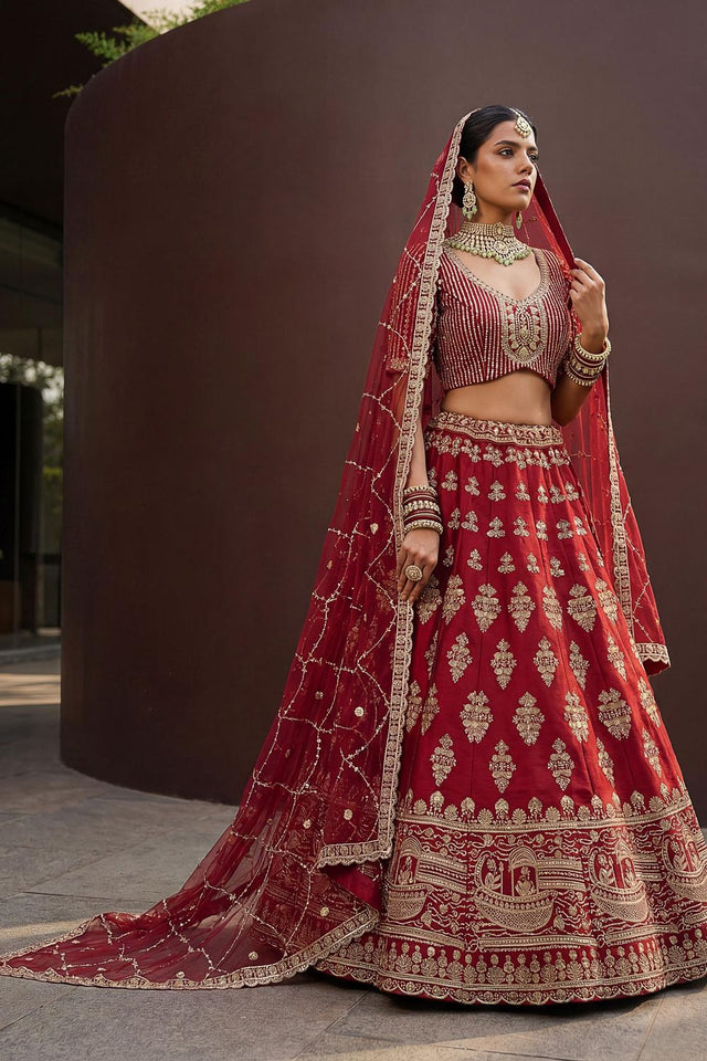 Red Sequin with Floral Embroidered Silk Lehenga (ACA6761)