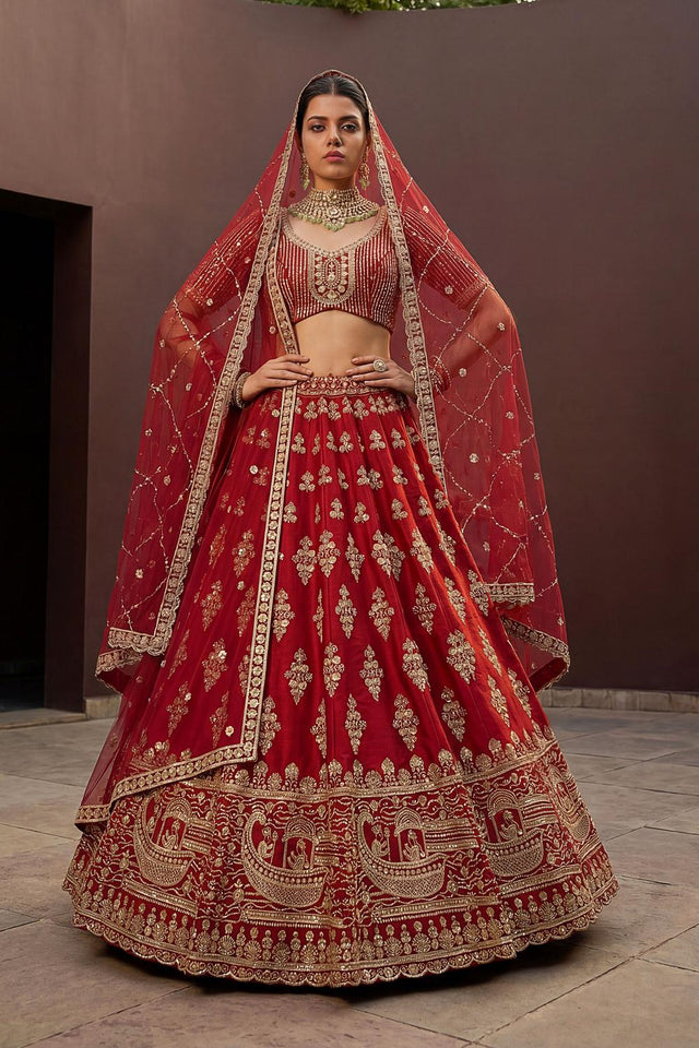 Red Sequin with Floral Embroidered Silk Lehenga (ACA6761)
