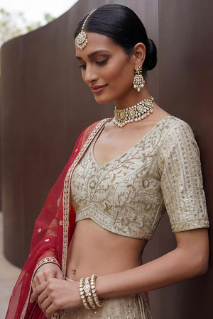 White Sequin with Floral Embroidered Silk Lehenga (ACA6763)