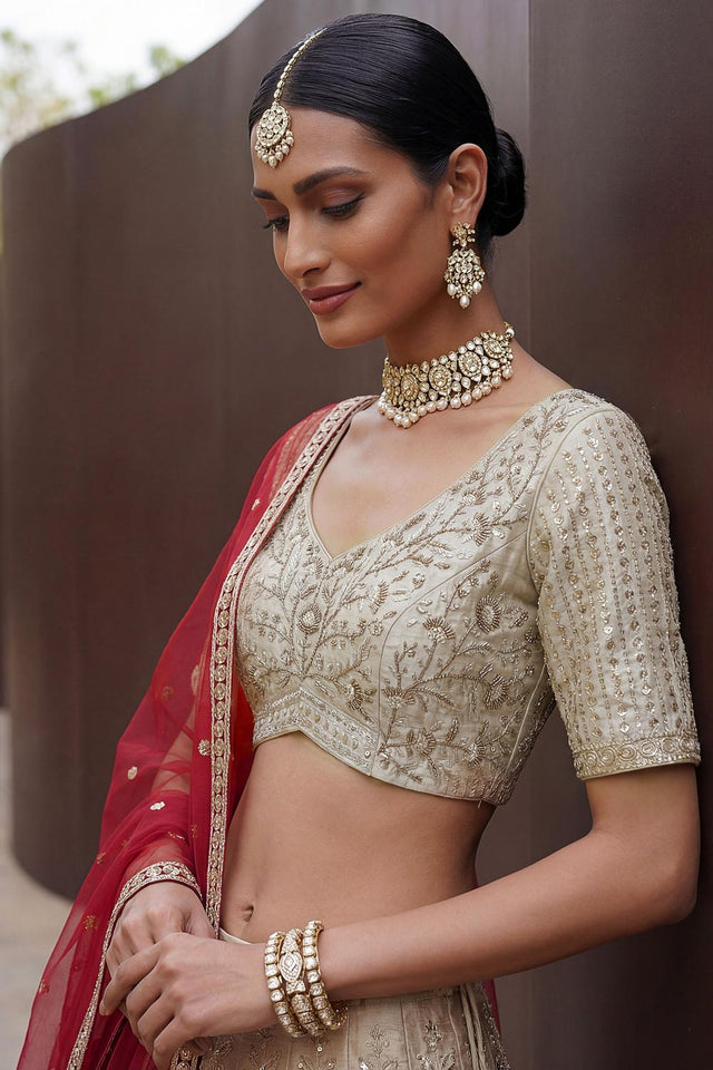 White Sequin with Floral Embroidered Silk Lehenga (ACA6763)