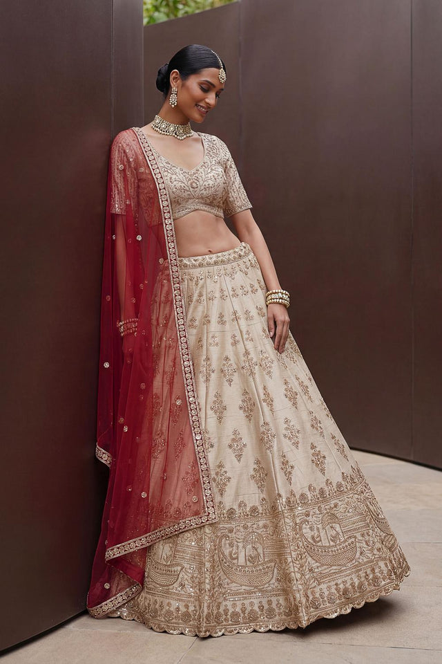 White Sequin with Floral Embroidered Silk Lehenga (ACA6763)