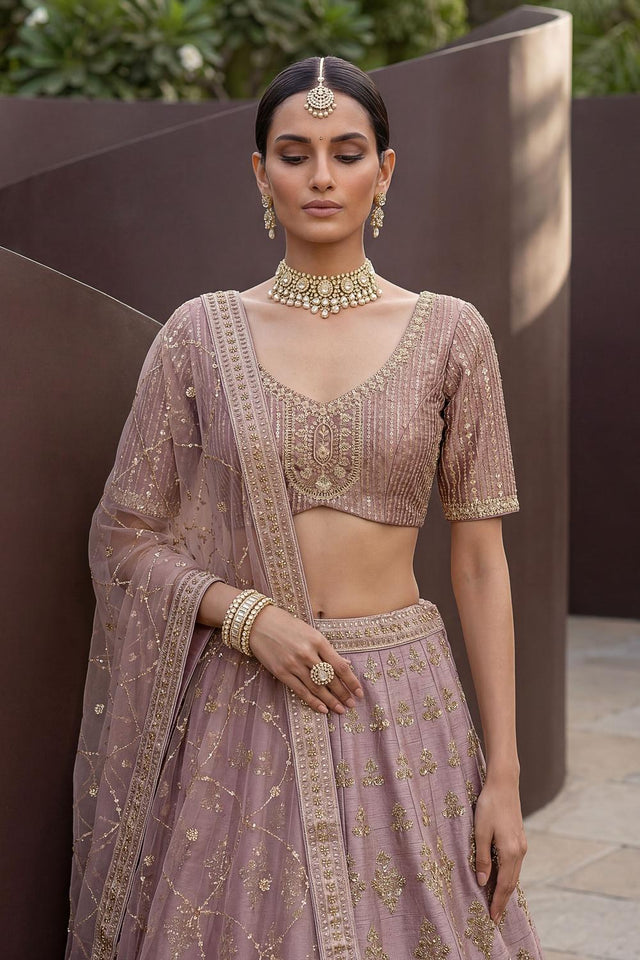 Pink Sequin with Floral Embroidered Silk Lehenga (ACA6764)