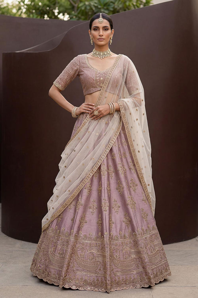 Pink Sequin with Floral Embroidered Silk Lehenga (ACA6764)