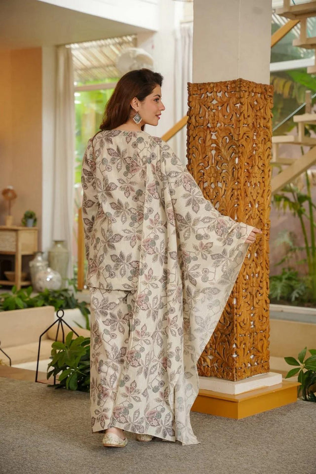 Cream Floral Printed Cotton Blend Kurti Pant Set (ACA6765)