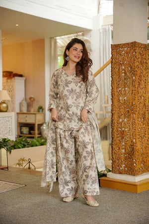 Cream Floral Printed Cotton Blend Kurti Pant Set (ACA6765)