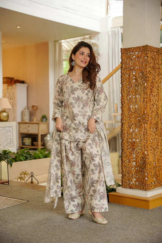 Cream Floral Printed Cotton Blend Kurti Pant Set (ACA6765)
