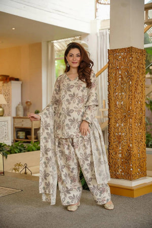 Cream Floral Printed Cotton Blend Kurti Pant Set (ACA6765)