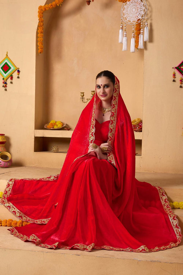 Red Embroidered Lace Work Tissue Ready to Wear Saree (ACA6767)