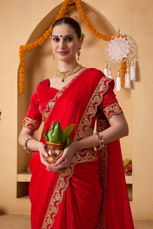 Red Embroidered Lace Work Tissue Ready to Wear Saree (ACA6767)