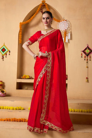 Red Embroidered Lace Work Tissue Ready to Wear Saree (ACA6767)