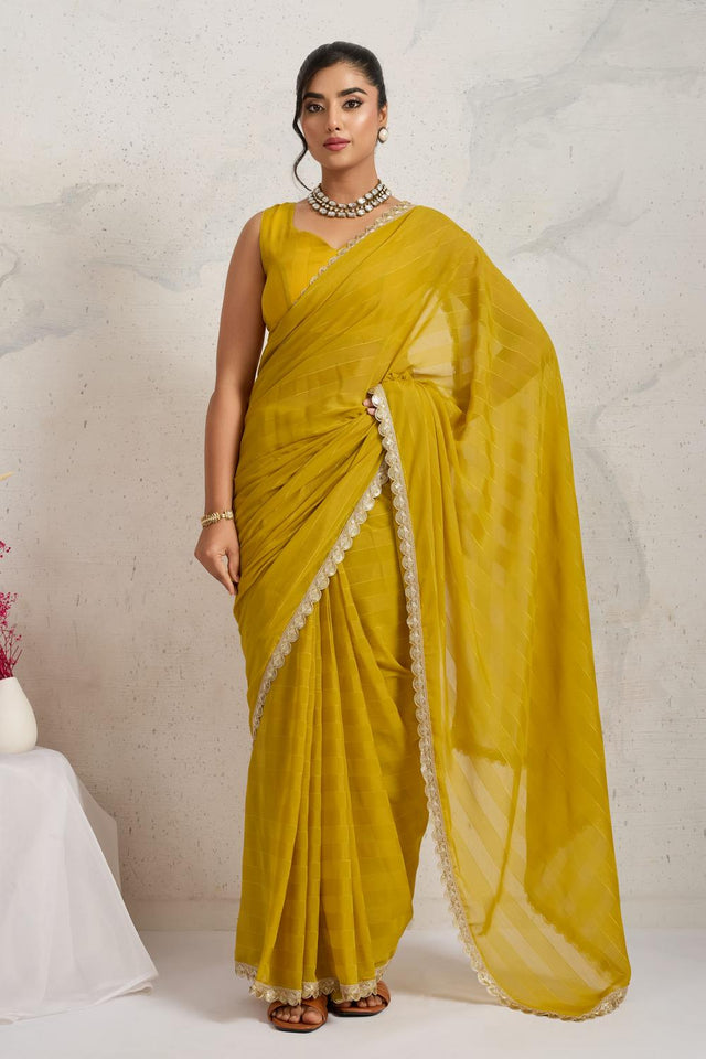 Yellow Solid with Border Lace Work Georgette Ready to Wear Saree (ACA6769)
