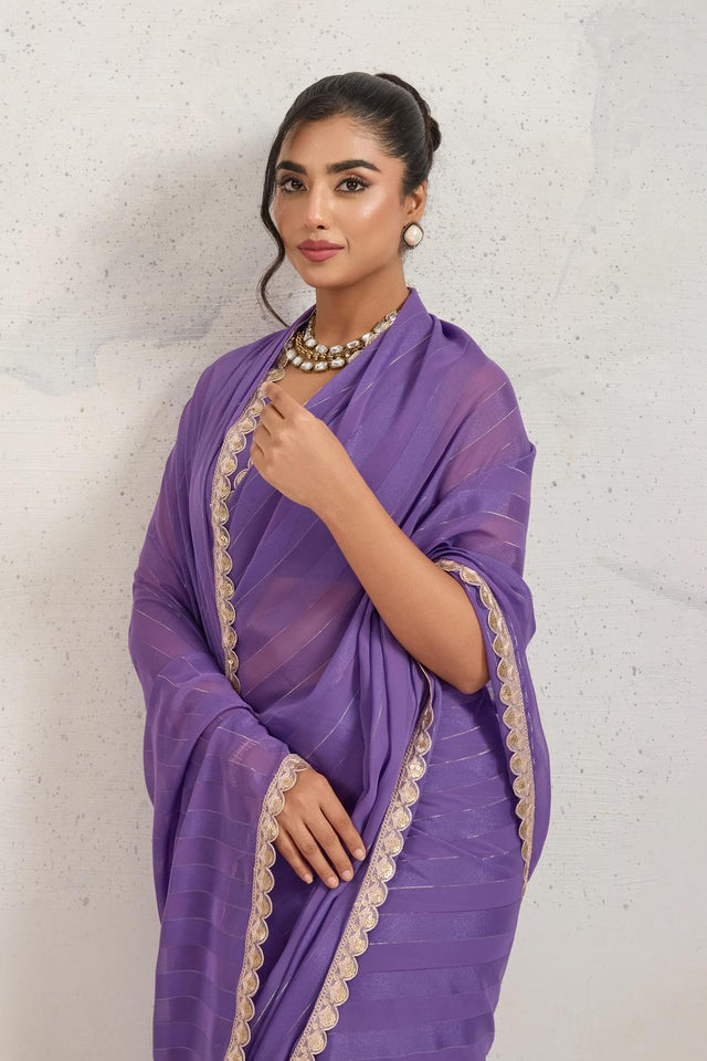 Violet Solid with Border Lace Work Georgette Ready to Wear Saree (ACA6770)