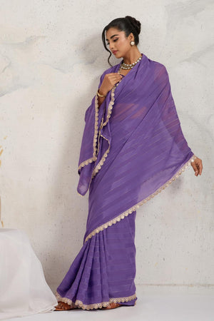 Violet Solid with Border Lace Work Georgette Ready to Wear Saree (ACA6770)