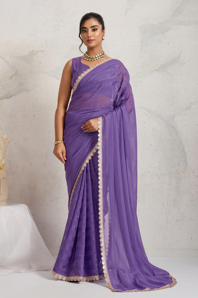Violet Solid with Border Lace Work Georgette Ready to Wear Saree (ACA6770)