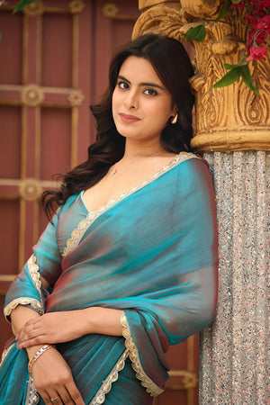 Blue Solid with Border Lace Work Chiffon Ready to Wear Saree (ACA6771)