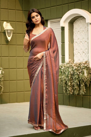 Brown Solid with Border Lace Work Chiffon Ready to Wear Saree (ACA6772)