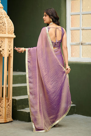 Violet Solid with Border Lace Work Georgette Ready to Wear Saree (ACA6774)