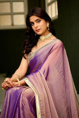 Violet Solid with Border Lace Work Georgette Ready to Wear Saree (ACA6774)