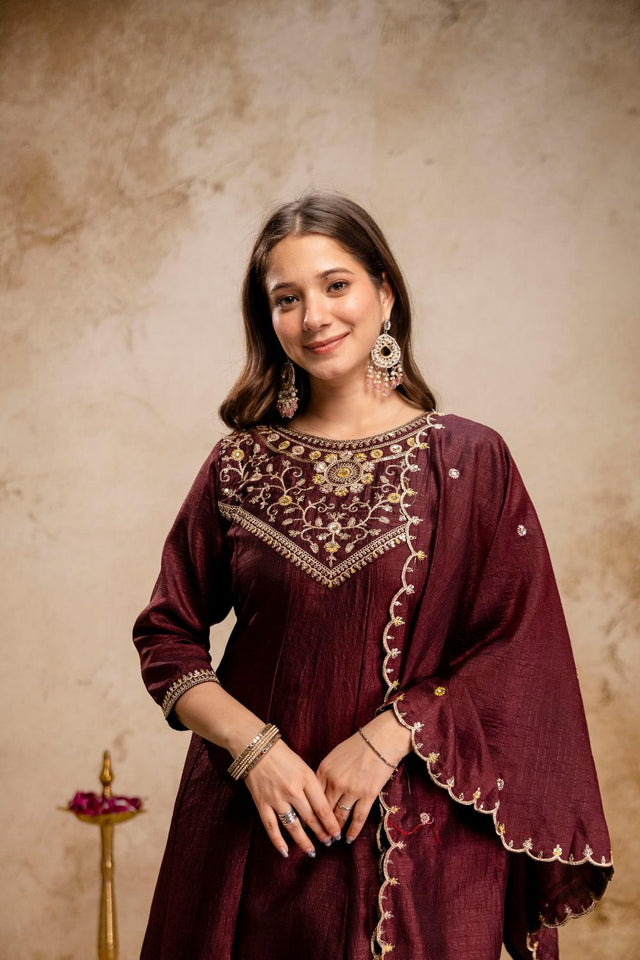 Brown Floral Embroidered Silk Anarkali Suits (ACA6775)