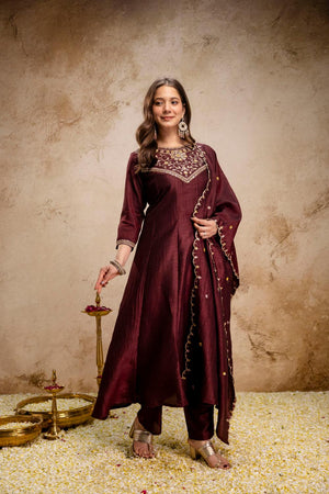 Brown Floral Embroidered Silk Anarkali Suits (ACA6775)