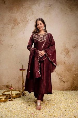 Brown Floral Embroidered Silk Anarkali Suits (ACA6775)