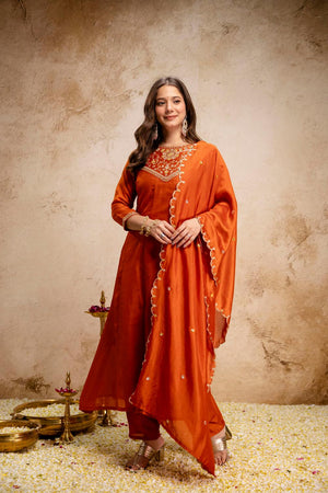 Orange Floral Embroidered Silk Anarkali Suits (ACA6776)