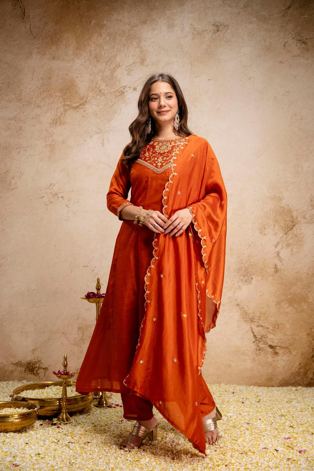 Orange Floral Embroidered Silk Anarkali Suits (ACA6776)