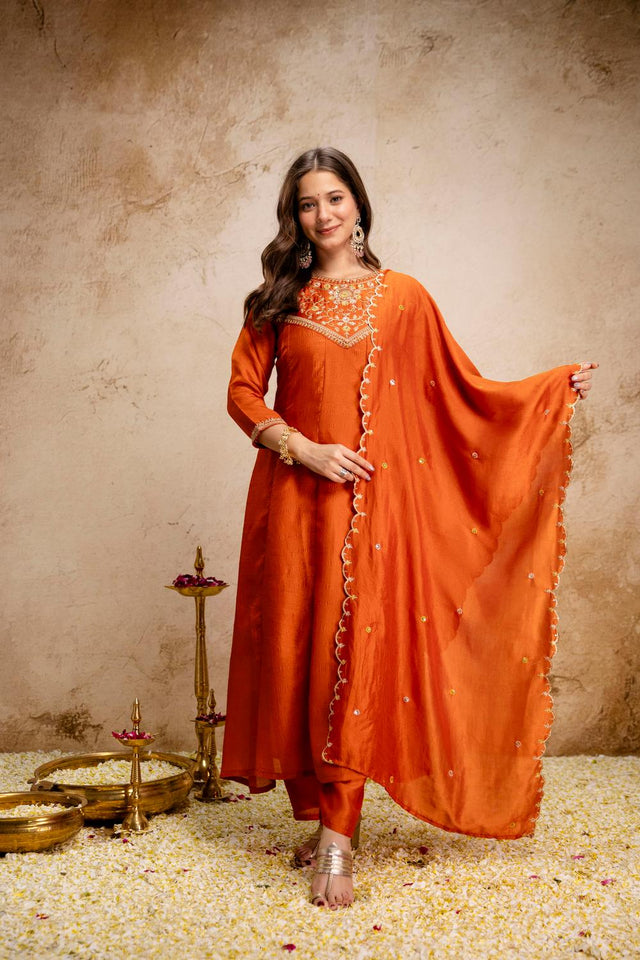 Orange Floral Embroidered Silk Anarkali Suits (ACA6776)