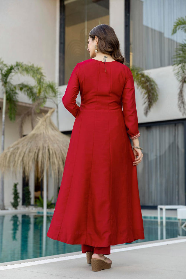 Red Floral Embroidered Silk Anarkali Suits (ACA6777)